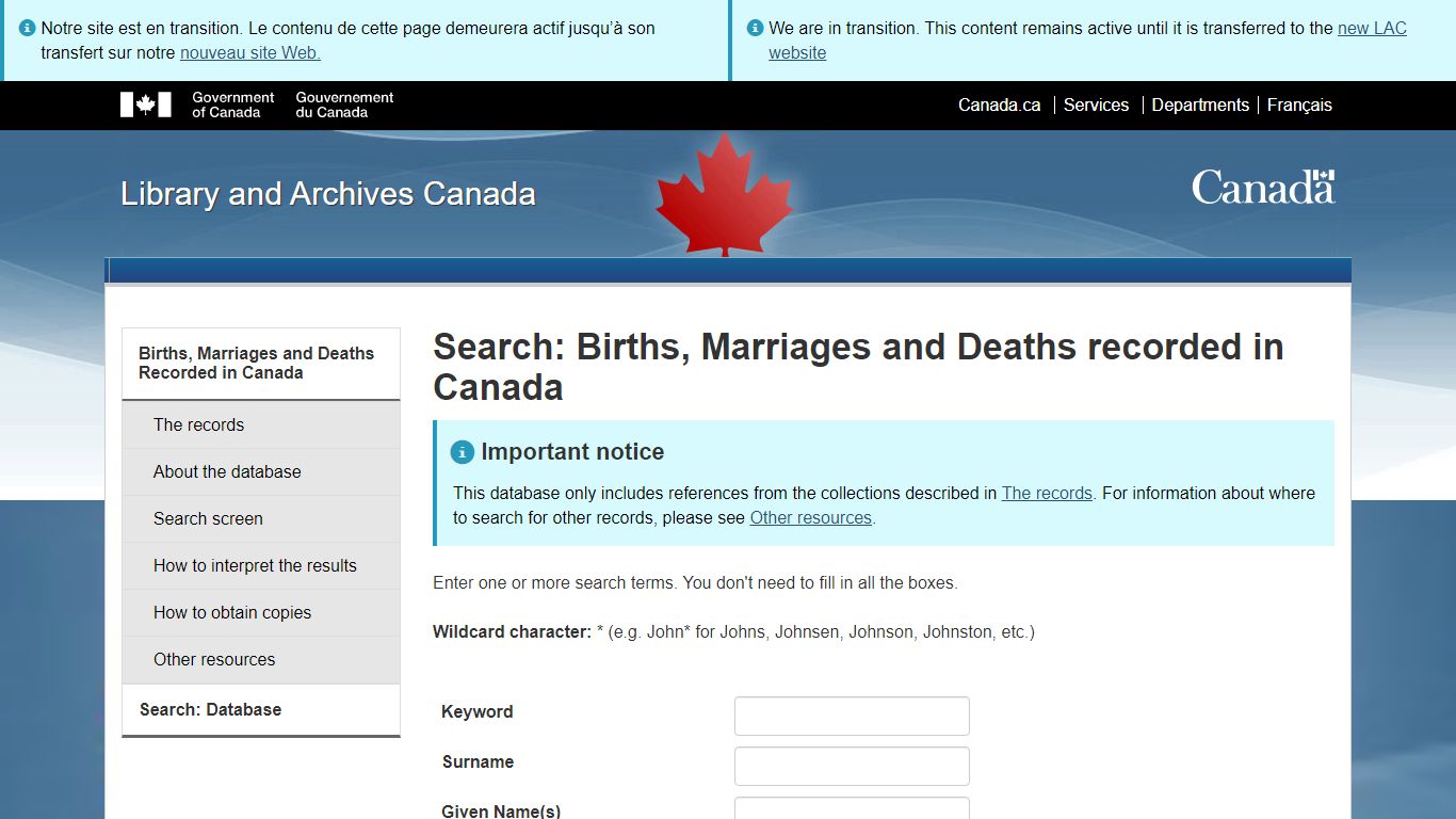 Search: Births, Marriages and Deaths recorded in Canada